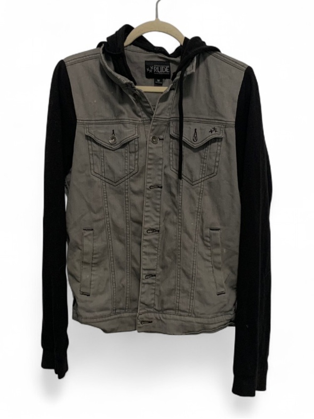 RUDE Hot Topic Gray Denim Jacket with Black Knit Sleeves and Hood